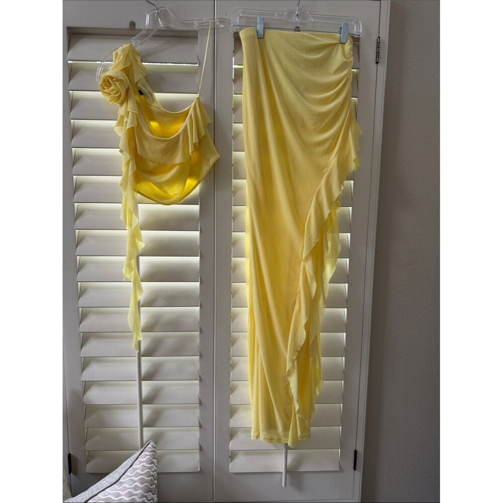 AFRM Pale Yellow Ruffle-Rose Draped Crop Top